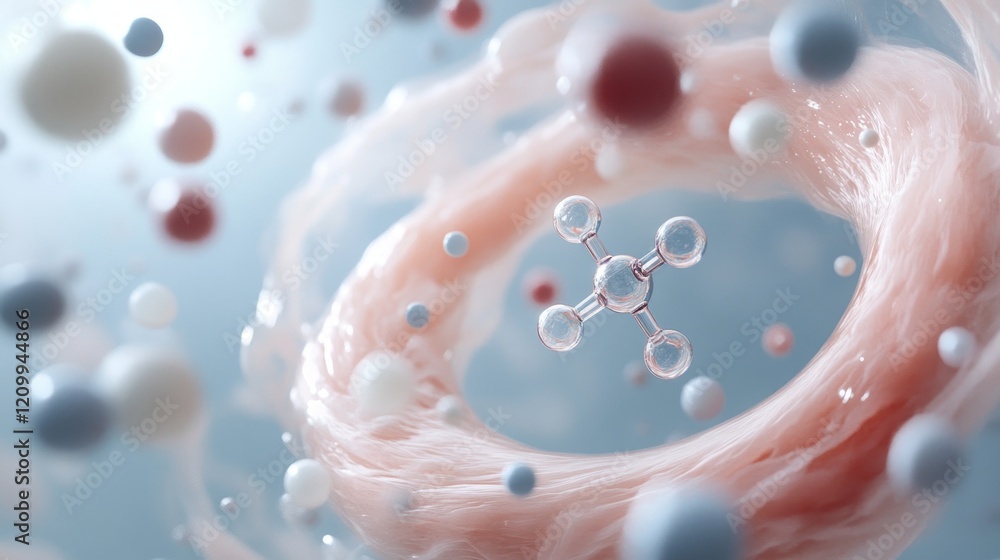 Poster methane and co2 concept, abstract molecular structure with colorful particles and fibers.