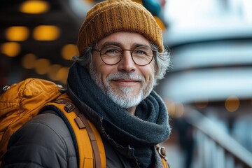 Portrait of a cheerful senior man with a backpack enjoying nature, vibrant and engaging setting
