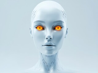 Futuristic humanoid robot with glowing orange eyes and a smooth white surface
