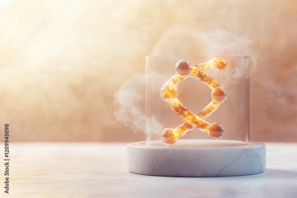Poster methane and co2 concept, glowing molecular structure in a glass display with smoke effect.