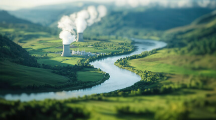Aerial view of nuclear power plant with cooling towers, surrounded by lush green hills and winding river under clear sky