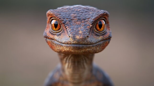 Curious Baby Raptor: A close-up portrait of an adorable baby velociraptor, its large orange eyes and friendly expression captivating the viewer. This digital rendering is bursting with personality. 