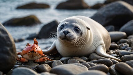 A seal resting on a rocky shore beside a crab, showcasing wildlife interaction.