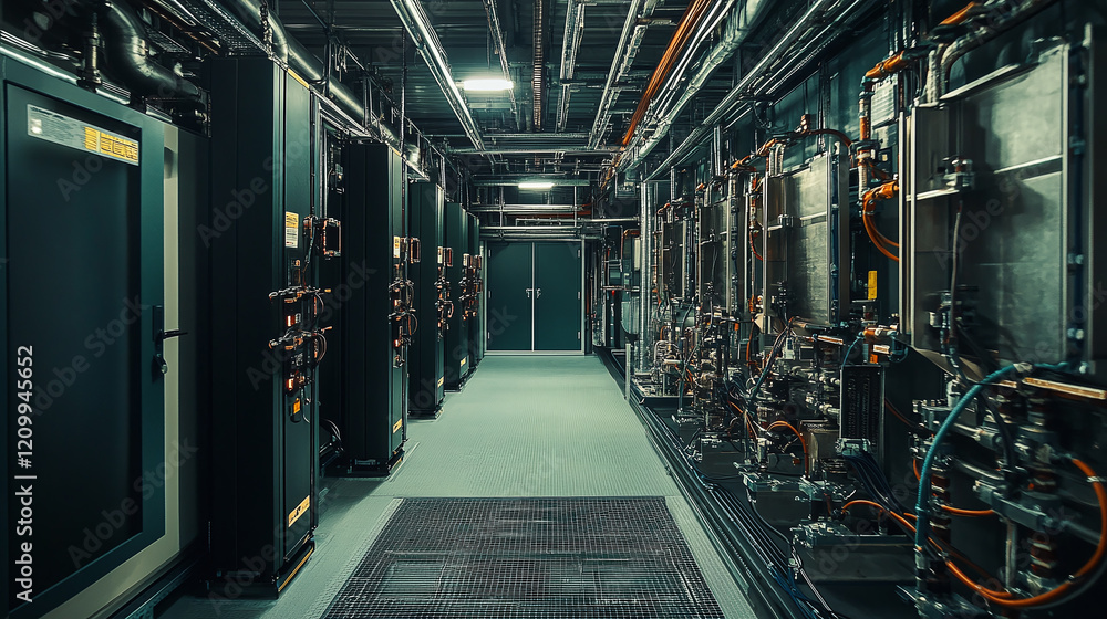 Poster a modern industrial data center with neatly aligned servers and illuminated piping systems, represen