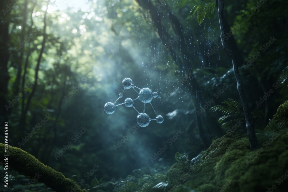 Poster methane and co2 concept, bubbles floating in a misty forest with soft light filtering through trees.