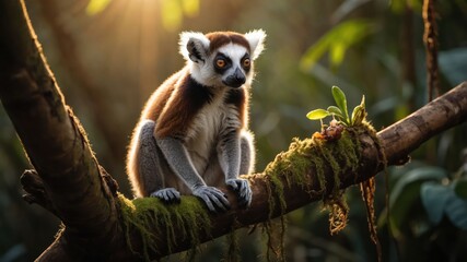 Obraz premium A lemur perched on a mossy branch in a sunlit forest, showcasing nature's beauty.