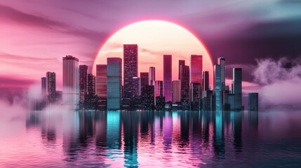 Obraz premium Futuristic City Skyline Reflected in Glowing Purple and Pink Sunset Lake Landscape