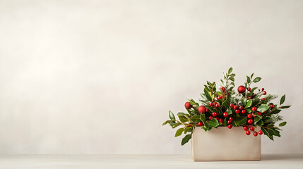  Christmas Podium with Holly Accents and Festive Decorations in Red and White Color Palette