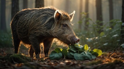 A wild boar forages for leafy greens in a sunlit forest.