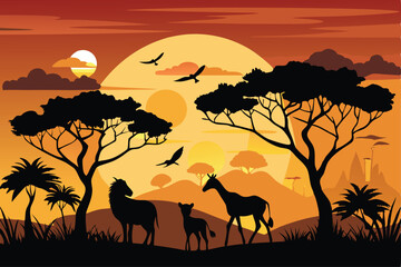 African savanna animals at sunset Silhouettes of wild animals of the African savannah