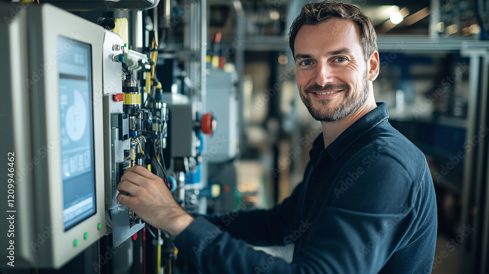 Aufkleber a smiling engineer operating advanced control panels in a modern facility, symbolizing technical exp