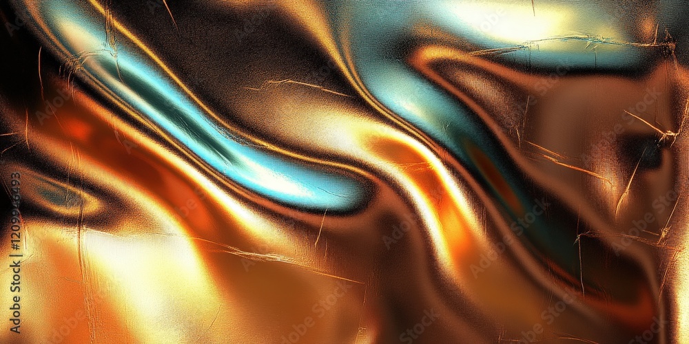 Poster metallic abstract background with fluid waves and shimmering textures in vibrant gold, blue and copp