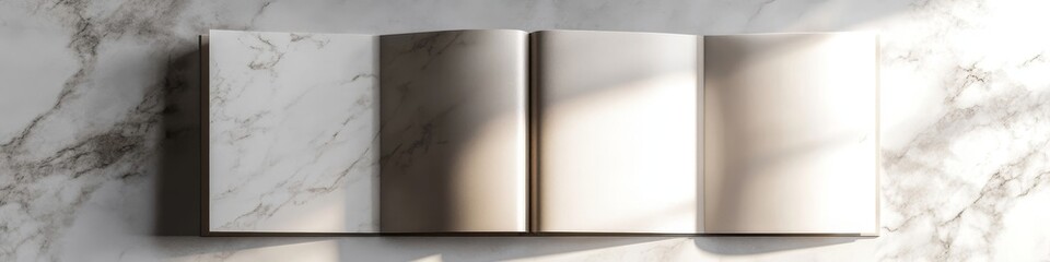 Trifold brochure mock up isolated on white marble background. Trifold brochure mock up rendered with three different variations. 3D illustration., Generative AI