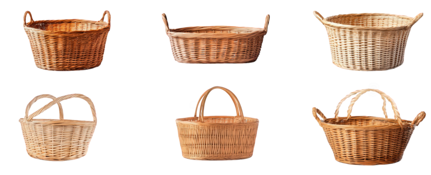 collection of six woven baskets in various shapes and sizes. showcasing their natural materials and craftsmanship these baskets can serve multiple purposes. such as storage. decoration. or carrying it