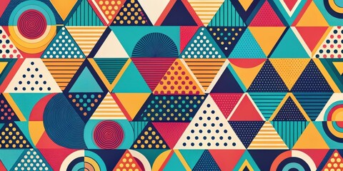 Vibrant Geometric Pattern Featuring Triangles, Circles, and Stripes in a Bold Color Palette