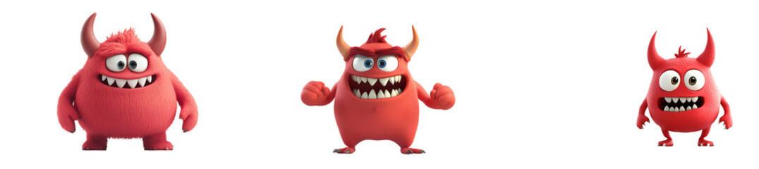 Set of a, A cute red monster with horns, in a cartoon style, with simple shapes, 3D rendering, isolated on a transparent background.
