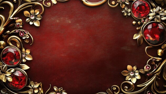 Elegant Red and Gold Frame with Ruby Gemstones and Floral Ornament