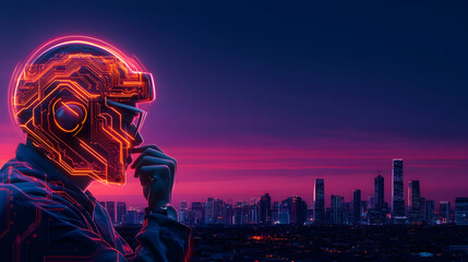 Fototapeta premium Circuit Board Head Silhouette with Night Cityscape