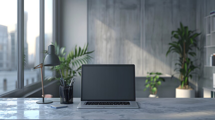 Fototapeta premium Background image of open laptop on workplace desk with clutter in empty office interior copy space