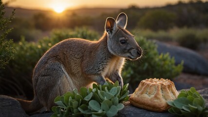 Fototapeta premium A kangaroo stands beside a pie in a natural landscape at sunset.