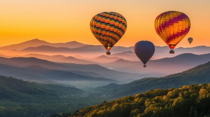 Obraz premium Majestic Hot Air Balloons Over Autumnal Mountain Landscape at Dramatic Sunrise