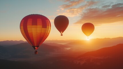 Fototapeta premium Breathtaking Sunset Over Majestic Mountain Landscape With Hot Air Balloons Floating in the Sky