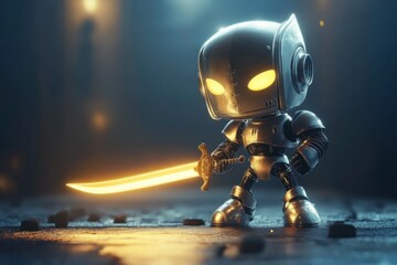 Chibi Robot Warrior with Glowing Sword