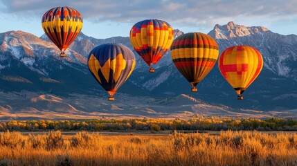 Obraz premium Colorful Hot Air Balloons Soar Over Majestic Mountain Landscape at Scenic Sunrise or Sunset