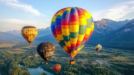 Obraz premium Serene Aerial Adventure over Majestic Mountain Landscape with Vibrant Hot Air Balloons