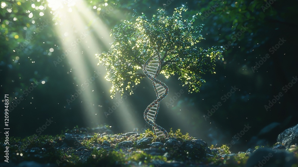 Poster unique tree structure formed by dna double helix design with oak leaves in enchanted forest setting