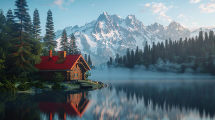 Fototapeta premium A cozy lakeside cabin with a red roof and chimney, reflected in the still waters of the lake, framed by lush pine trees and rugged mountain peaks. Wide angle.