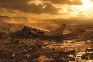 "Abandoned Plane Wreck in Desert Landscape"