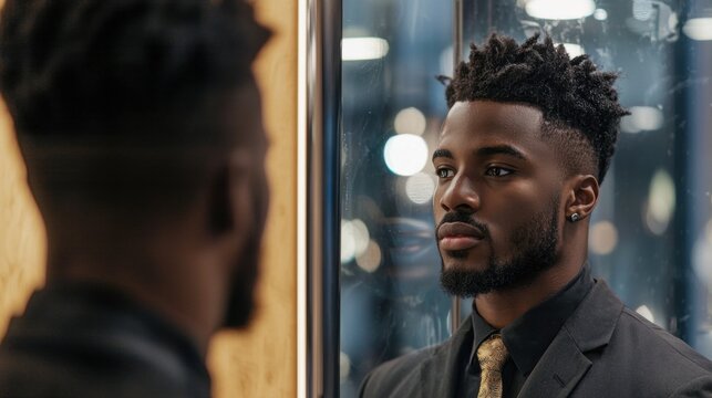 Positive job seeker practicing elevator pitch in front of mirror