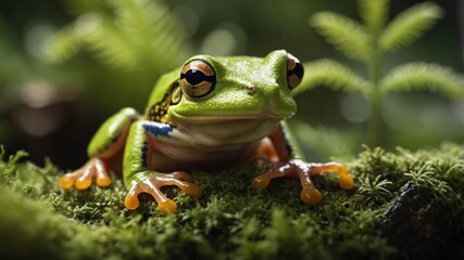 Naklejka premium A close-up of a vibrant green frog resting on moss in a lush environment.