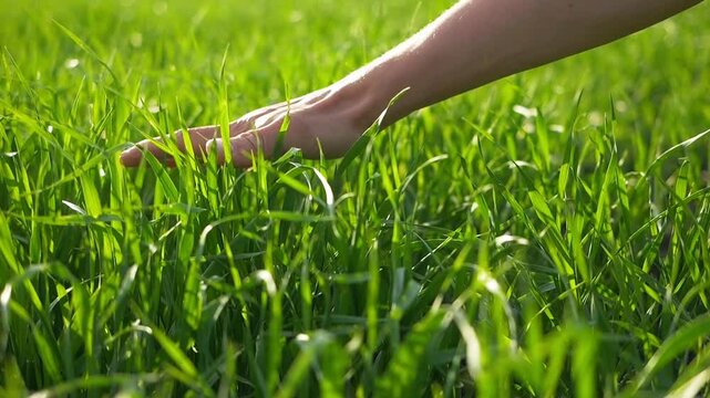 male hand touching young green corn plants ay sunset slow motion. growing sweet corn, agriculture, farming