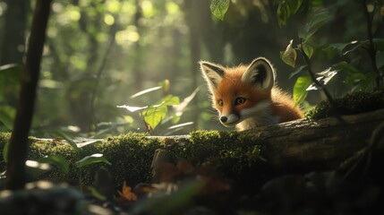 Cute red fox pup in sunlit forest surrounded by greenery and mossy log