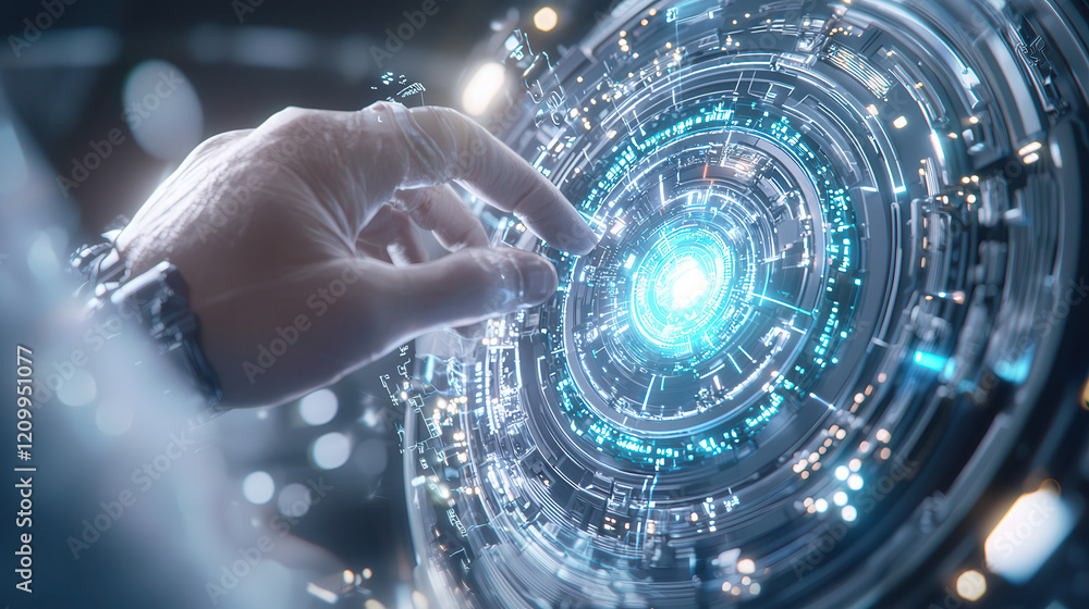 Poster hand interacts with glowing high tech holographic interface, showcasing intricate digital circuits a
