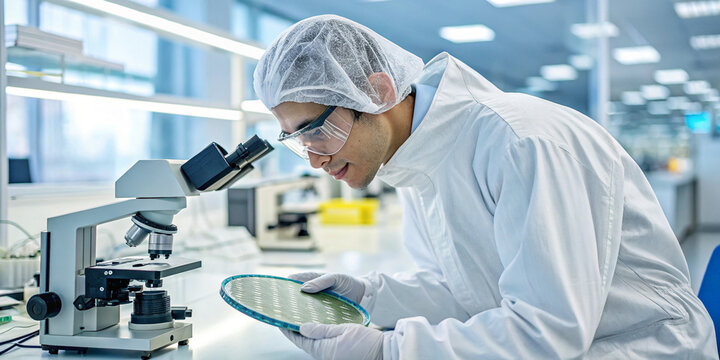 An Expert Scientist Conducting Analysis on a Semiconductor Wafer for Future Technologies