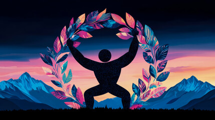 Silhouette of a Strong Figure Triumphantly Lifting a Floral Wreath at Sunset against a Majestic Mountain Range
