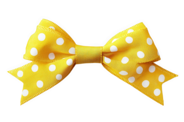 a vibrant yellow bow with white polka dots. designed for decorative purposes. suitable for gift wrapping. hair accessories. or crafting projects the bow's cheerful color and playful pattern make it an