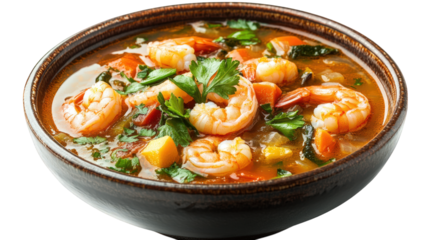 bowl of shrimp soup. filled with vibrant vegetables and garnished with fresh herbs. showcasing a colorful and appetizing dish that highlights seafood and healthy ingredients this dish is likely intend