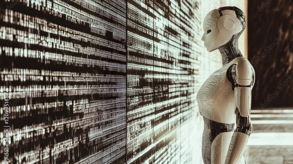 Poster futuristic robot standing in front of a digital data wall