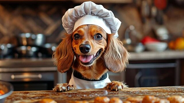 Chef Dachshund: A charming Dachshund wearing a chef's hat and apron smiles mischievously, paws resting on a countertop surrounded by freshly baked treats.