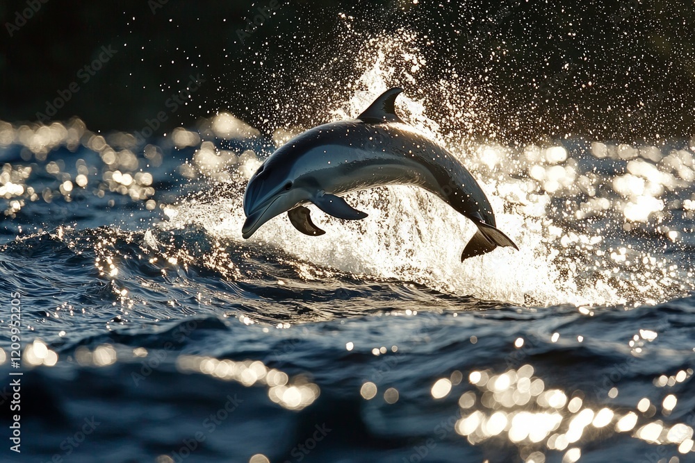 Poster dolphin makes spectacular jump above sparkling waves of ocean sunlight illuminating water and creati
