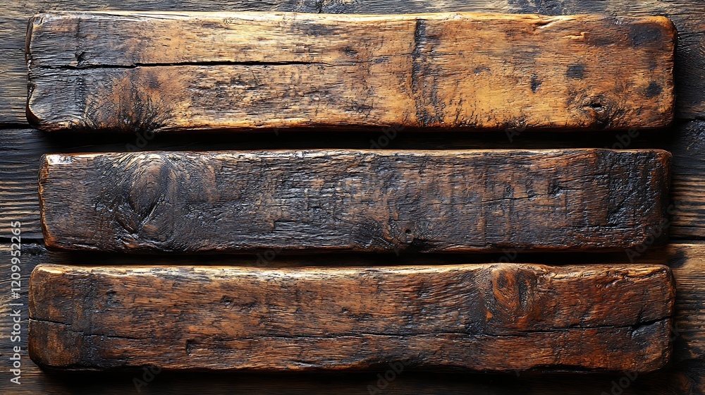 Poster rustic wooden planks: three weathered wooden planks, each with unique grain patterns and signs of we