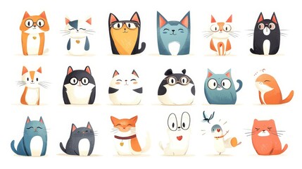 Cute Cartoon-Flat concept. Colorful illustrations of various cat characters in playful poses.