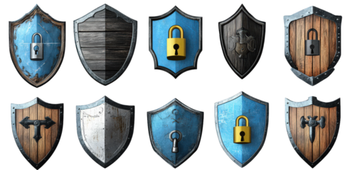 collection of ten distinct shields. each showcasing various designs and elements such as locks. textures. and colors the shields appear to symbolize security and protection. with some having wooden an