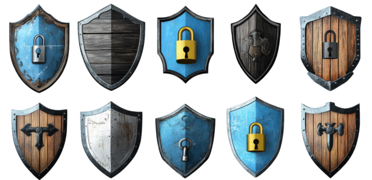 collection of ten distinct shields. each showcasing various designs and elements such as locks. textures. and colors the shields appear to symbolize security and protection. with some having wooden an
