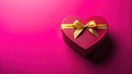 Heart-shaped gift box with a gold ribbon on a vibrant pink background