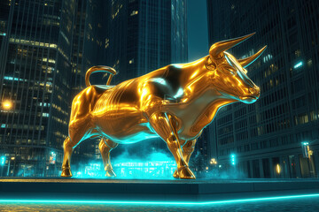 A shining stock bull made of gold stands on a pedestal in the middle of a night city. Stock market bullish play, a symbol of strength and financial success